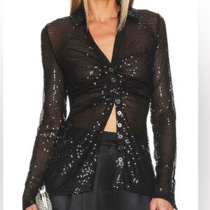 Free People Black Sequin Button-Up Shirt